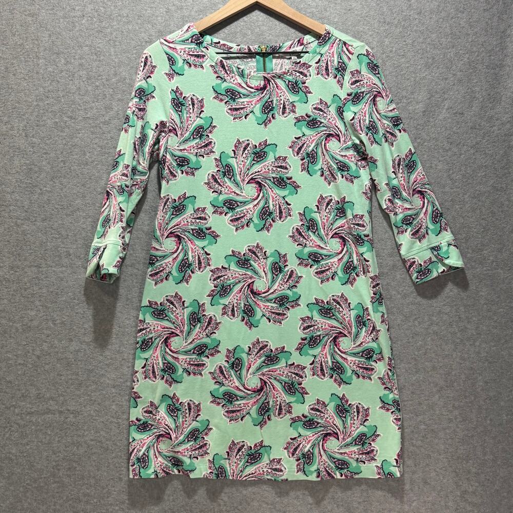 Crown & Ivy Womens XS Mint Green Pink Paisley Shift Dress 3/4 Sleeve Stretch